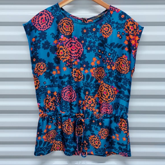 Nina Floral Blouse Size S Womens Blue Orange Psychedelic Drawstring Waist Top — photo 2